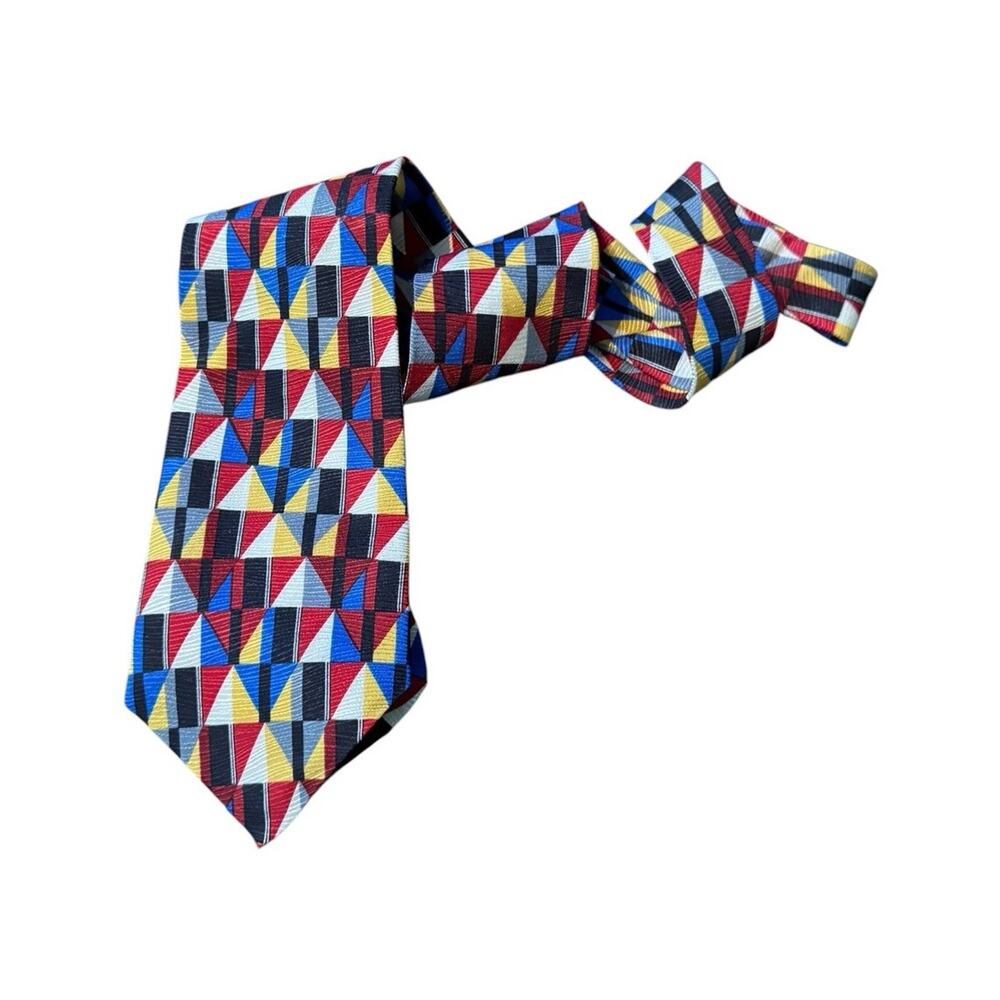 Belcraft Silk Tie Geometric Abstract Red Blue Yellow Retro 90s Pattern